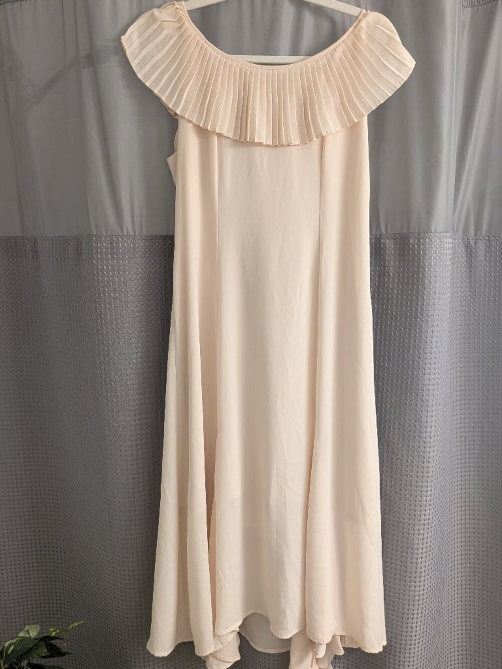 Romantic Portrait Neckline Pleated Ruffle Cream Midi Dress